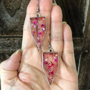 Pink Red Hearts Love Handmade Resin Glitter Silver Tone Drop Earrings New NWT